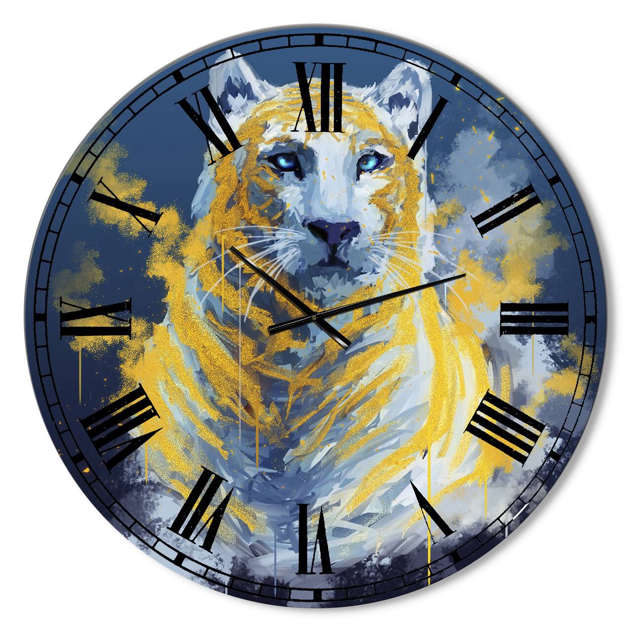 Designart Tiger Spirit in Blue and Gold Oversized Fashion Wall Clock